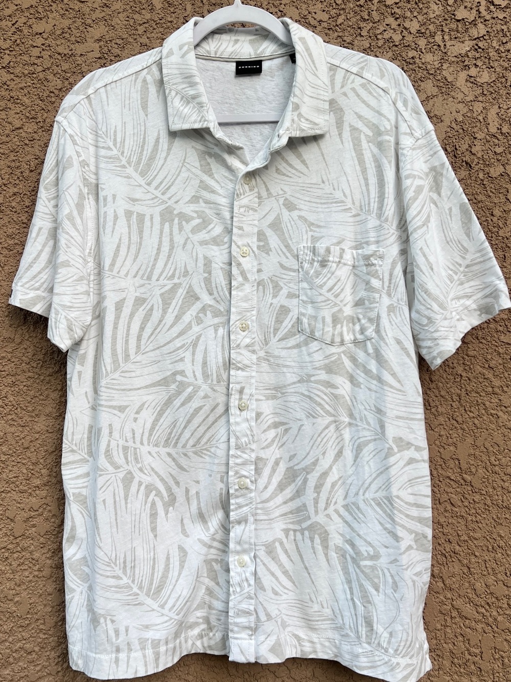 Dunning‎ Mens Large Linen Button Down Shirt Leaf Print Performance Short Sleeve